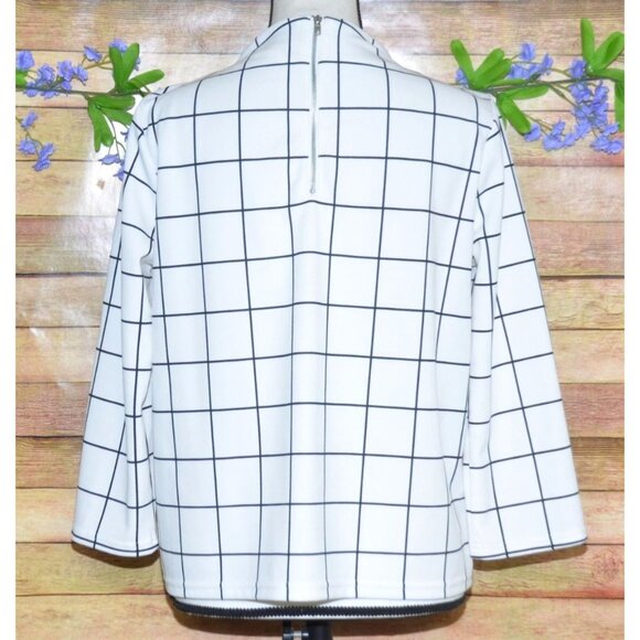 Melloday White 3/4 Sleeve High Neckline Blouse M Grid Window Pane Pattern Career - Picture 5 of 10